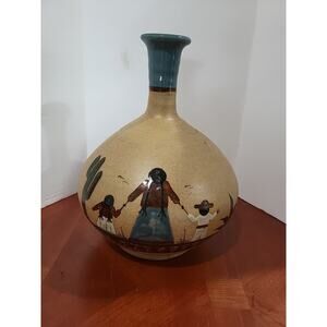 Vintage Vase Tonala Sandstone Mexican Folk Art 11"x8" Pottery  Signed